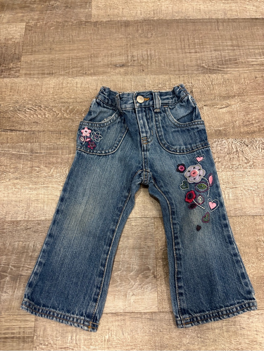 Old Navy Blue Denim Jeans with Pink & Red Floral Embroidery